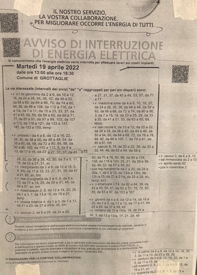 Interruzione energia elettrica 19-04-22