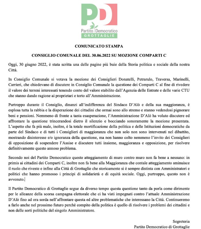 comunicato pd grottaglie 30 giugno 2022